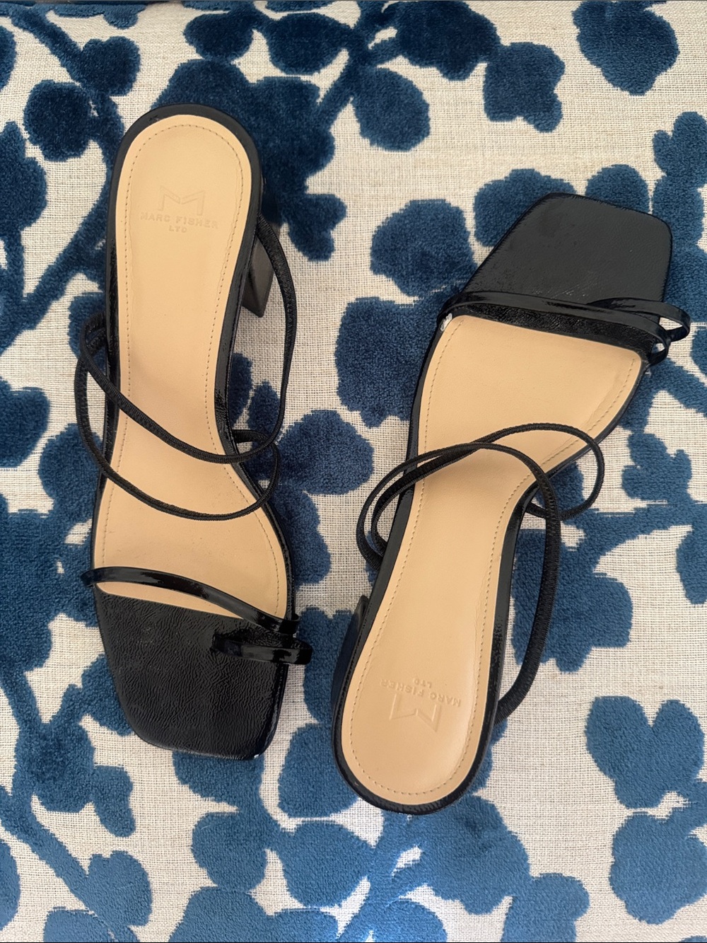 Marc Fisher Black Patent Strappy Square-Toe Block Heels